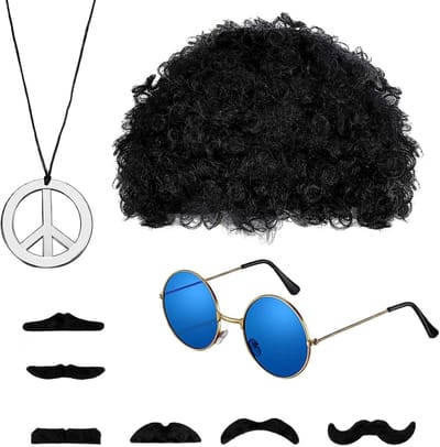 Hippie Kostuum Set voor Mannen en Vrouwen met Afro Peruk, Zonnebril en Vredesketting voor 60s en 70s Themafeesten en Carnavalsactiviteiten