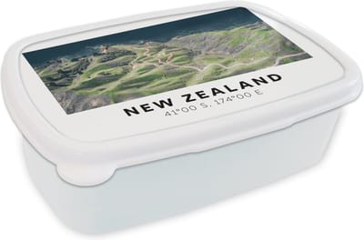 Broodtrommel Wit - Lunchbox - Brooddoos - Nieuw Zeeland - Water - Groen - Strand - 18x12x6 cm - Volwassenen