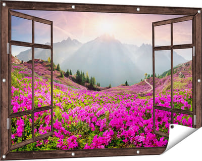 Gards Tuinposter Doorkijk Rhododendron Bloemenveld in de Alpen - 120x80 cm - Tuindoek - Tuindecoratie - Wanddecoratie buiten - Tuinschilderij