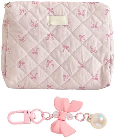 JHUBERS- Make-uptas Grote Capaciteit - Draagbare Toilettas - Clutch met Strik - Roze - Reisaccessoires - 25 x 18 x 7 cm
