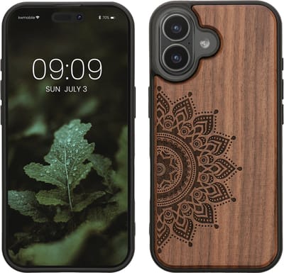 kwmobile telefoonhoesje geschikt voor iPhone 17 - Hoesje met bumper - hout - In donkerbruin Opkomende Zon design
