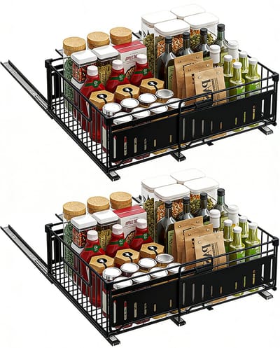 Lemlit Uitschuifbare Keukenkast Organizer 2 Stuks - 32,5-49,5x39x16,5 cm - Telescopische Kastlade met Rails voor Keuken Voorraadkast Badkamer - Zwart