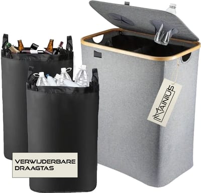 2-in-1 Statiegeldmand Grijs – Flessen, Blikjes & Glasbak in Één | Afvalscheiding Bak | Recycle Dubbele Afvalbak | 140L | Statiegeld Container | Lege Flessen Inleveren