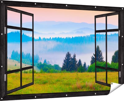 Gards Tuinposter Doorkijk Mistige Heuvel Landschap met Bossen - 180x120 cm - Tuindoek - Tuindecoratie - Wanddecoratie buiten - Tuinschilderij