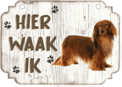 Hier Waak Ik: Langharige Teckel | Waakbord | Spreukenbord | Hondenras | Hond | Betreden op eigen risico | Pas Op Voor De Hond | Deurbordjes | Bewaker Van Dit Huis