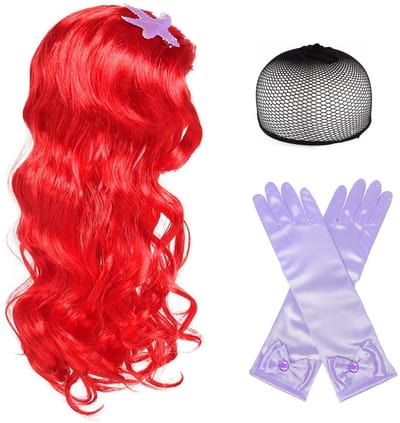 Dailygoods- Zeemeermin Kostuum - Pruik/Handschoenen - Cosplay - Halloween - Lange Krullende Haar - Rood - Prinsessen Kostuum