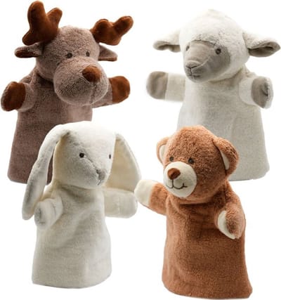 Cute since 1999 - Organische Handpoppen Bundel - Beer, Lam, Konijn & Rendier Handpop voor Poppenkast - Organische Handpoppen Dieren - 4 stuks - 26cm x 20cm