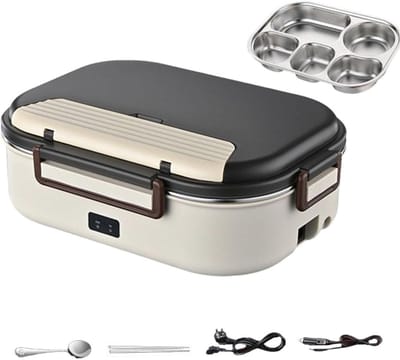 Verwarmde Lunchbox - Elektrische Bento - Warme Maaltijd Onderweg - Roestvrij Staal Binnenkant - 1.2 Liter Capaciteit - Beige