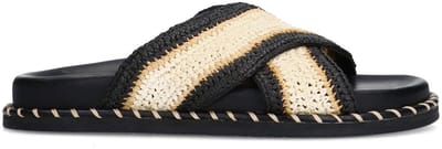 Sacha - Dames - Zwarte plateauslippers met beige band - Maat 36
