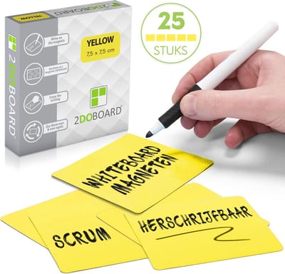 2DOBOARD Scrum Whiteboard Magneten 7,5 x 7,5 cm - 25 stuks - Geel - Herschrijfbare Magneten voor Kanban bord of Scrumbord - Beschrijfbare Magneten - Planbord Magneten Herschrijfbaar - Agile werken - Voor elk Dagstartbord of Scrum Board!