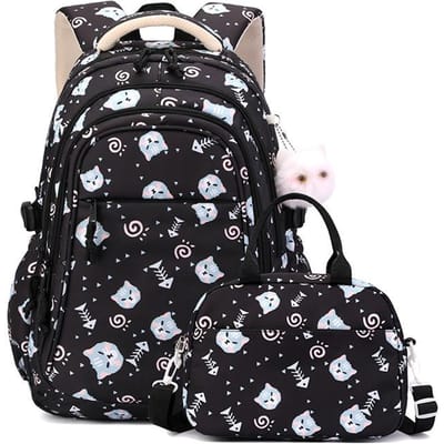 Nieuw Kattenpatroon Middelbare School Schooltas Meisje Twee Delig Set Basisschool Middelbare School Studenten Rugzak Grote Capaciteit 45*30*20cm / 26*11*18cm