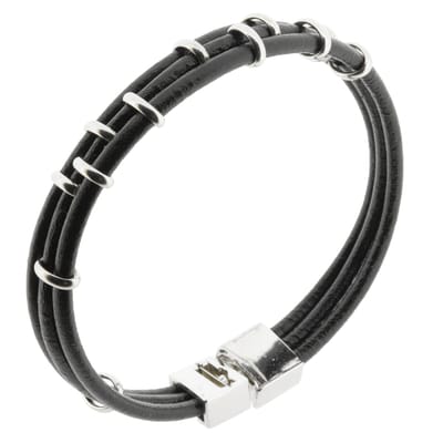 Behave Zwarte leren herenarmband met zilver-kleurige details