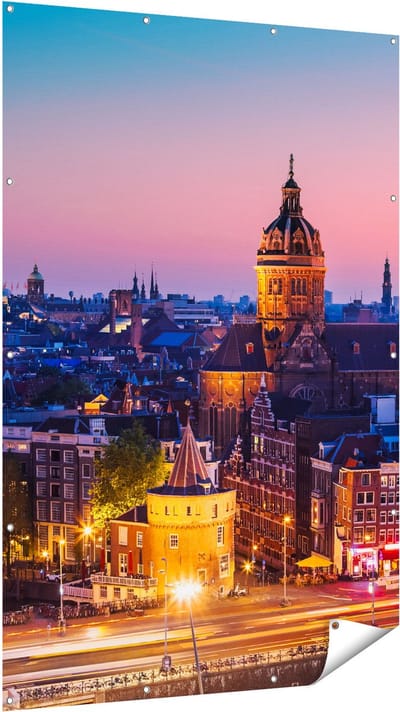 Gards Tuinposter Amsterdam Skyline bij Zonsondergang - 120x180 cm - Tuindoek - Tuindecoratie - Wanddecoratie buiten - Tuinschilderij