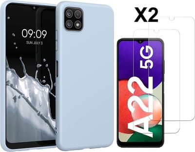Hoesje Geschikt Voor Samsung Galaxy A22 5G Hoesje siliconen Licht Blauw zacht siliconen hoesje TPU backcover - Met Screenprotector - 2 stuks