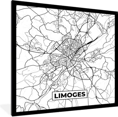 Fotolijst incl. Poster Zwart Wit- Frankrijk - Limoges - Plattegrond - Stadskaart - Kaart - Zwart wit - 40x40 cm - Posterlijst