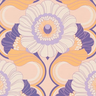 Retro behang Profhome 395303-GU vliesbehang hardvinyl warmdruk in reliëf licht gestructureerd met bloemen patroon mat purper beige okergeel crèmewit 4,5 m2
