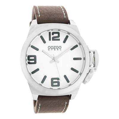 OOZOO Timepieces - Zilverkleurige horloge met bruine leren band - OS007
