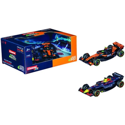 Carrera Speelgoedvoertuig Auto - Formule 1 Set - Red Bull Racing Max Verstappen No.1 - McLaren Lando Norris No.4 - Pull Back Auto - Terugtrekauto - 1:43