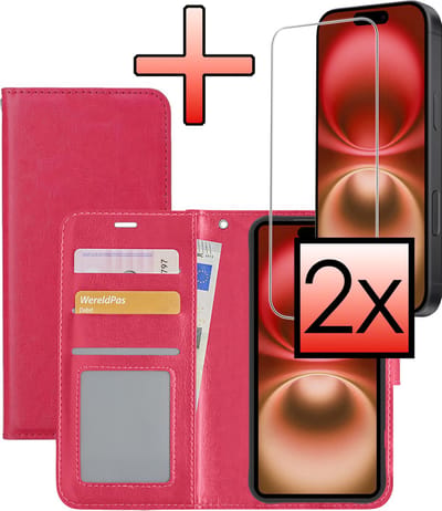 Hoesje - Met 2x Screenprotector - Geschikt voor Apple iPhone 16 - Luxe Pasjeshouder - Bookcase Portemonee - Flip Case - Kunstleer Book Case - Flipcase Hoes - Book Cover - Walletcase - Portemonneehoes - Donkerroze