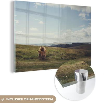 MuchoWow® Glasschilderij 150x100 cm - Schilderij acrylglas - Schotse Hooglanders - Gras - Wolken - Dieren - Foto op glas - Schilderijen