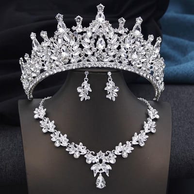 Gouden AB 3 Stuks Tiara's en ketting oorbellen voor Bruids Sieradensets Vrouwen Bruiden Bruiloft Kroon Prom Verjaardag Accessoires gray