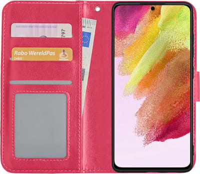 Hoesje - Met Pasjeshouder - Geschikt voor Samsung Galaxy S21 FE - Luxe Bookcase Portemonee - Flip Case - Kunstleer Book Case - Flipcase - Book Cover - Walletcase - Portemonneehoes - Donkerroze