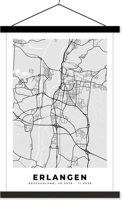 Posterhanger incl. Poster 40x60 cm - Schoolplaat - Duitsland - Stadskaart - Plattegrond - Erlangen - Kaart - Textielposter - Zwarte latten - Stadskaart