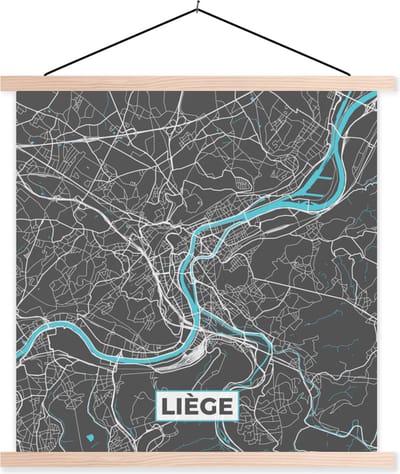 Posterhanger incl. Poster 40x40 cm - Schoolplaat - Stadskaart – Grijs - Kaart – Luik – België – Plattegrond - Textielposter - Blanke latten - Stadskaart