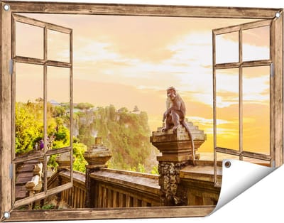 Gards Tuinposter Doorkijk Aap op de Uluwatu Tempel in Bali - 90x60 cm - Tuindoek - Tuindecoratie - Wanddecoratie buiten - Tuinschilderij