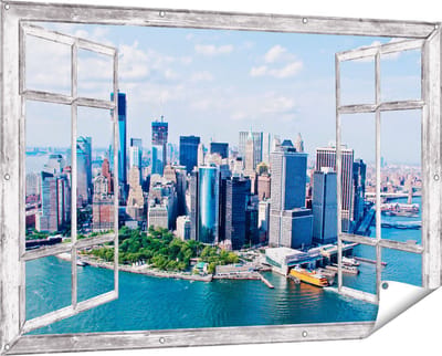 Gards Tuinposter Doorkijk New York Als een Eiland vanuit de Lucht - 150x100 cm - Tuindoek - Tuindecoratie - Wanddecoratie buiten - Tuinschilderij