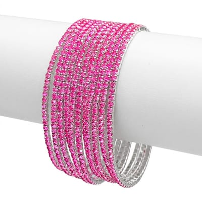 12 Zilverkleurige armbanden set voor dames – stapelbare bangles met roze steentjes – glanzende sieraden set