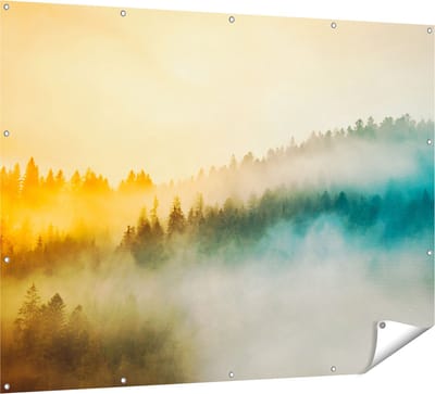 Gards Tuinposter Kleurrijke Zonsopgang in het Bos met Mist - 160x120 cm - Tuindoek - Tuindecoratie - Wanddecoratie buiten - Tuinschilderij