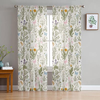 Vintage Kruidige Bloemige Vlinder Bloemen Doorzichtige Gordijnen voor Woonkamer Decoratie Raambekleding Keuken Tule Voile Gordijnen W135 x H160cm x1