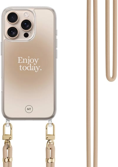 Hoesje met koord geschikt voor iPhone 16 Pro - Enjoy today - Inclusief zwart koord - Crossbody beschermhoes - Transparant, Multi - Mooie Telefoonhoesjes