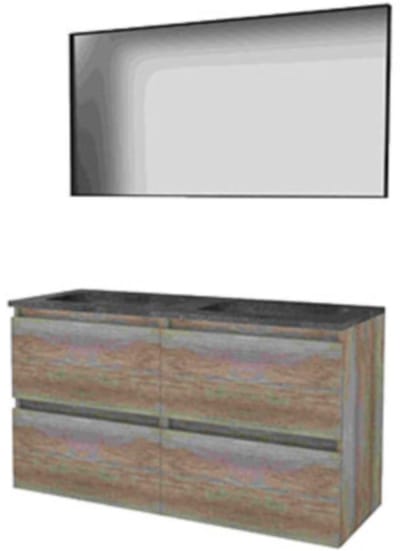 Basic-Line Framed 46 Badkamermeubelset - 120 x 46 cm - Greeploos - 2 Lades - Hardstenen Wastafel - Zonder Kraangat - Spiegel met Zwart Aluminium Frame - Scotch Oak