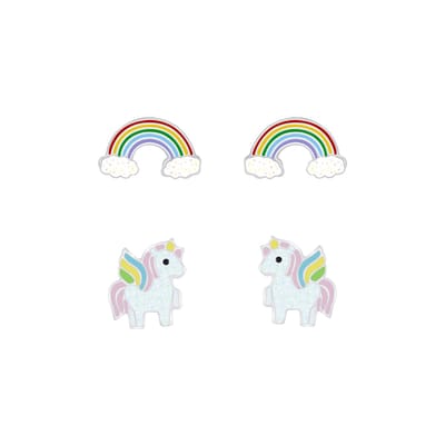 Zilveren regenboog en unicorn kinderoorbellen | unicorn oorknopjes Meisje Zilver | regenboog oorknopjes Meisje Zilver | kindersetje oorstekers | kindersieraden meisje sets zilver | Zilverana | Sterling 925 Silver
