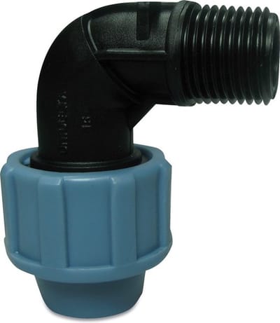 Unidelta Knie 90° PP 16 mm x 1/2" knel x buitendraad 16bar zwart/blauw DVGW/KIWA/WRAS
