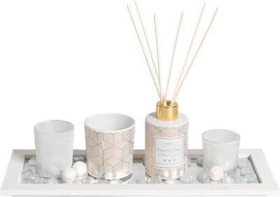 Aroma set - geurstokjes, geurkaars, theelichten en houten plateau - Rose