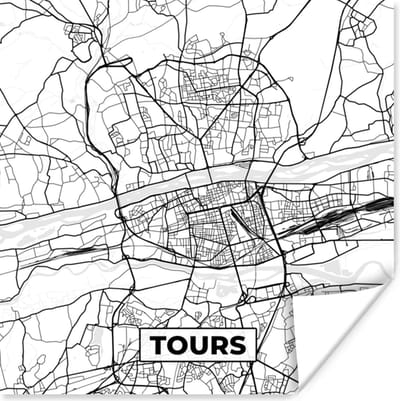 Poster Frankrijk - Tours - Plattegrond - Stadskaart - Kaart - Zwart wit - 100x100 cm XXL