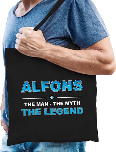 Naam cadeau Tasje voor Alfons - The man, The myth the Legend - katoenen - zwart - verjaardag - vaderdag - collega - vriendin