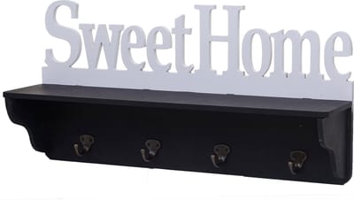 Wandkapstok MCW-D41 Sweet Home, kapstok plank, 4 haken solide 30x60x13cm ~ zwart/wit
