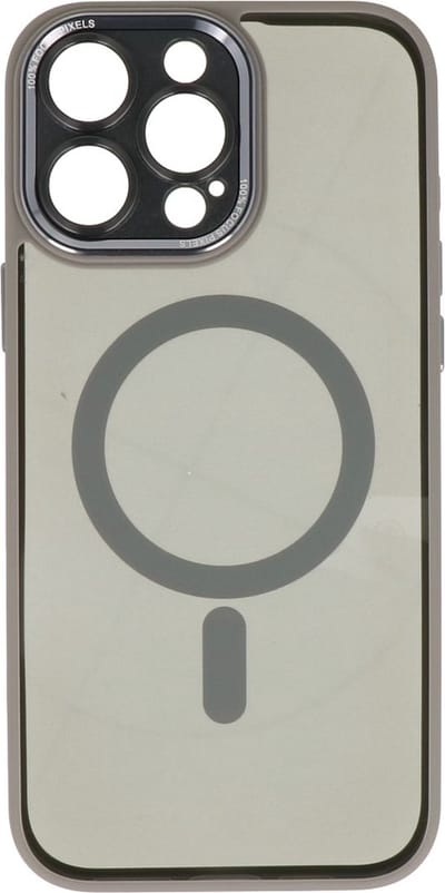 MagSafe Hoesje Geschikt voor iPhone 15 Pro Max - Met Extra Aluminium Verhoging Camera Bescherming - Doorzichtig - Grijs