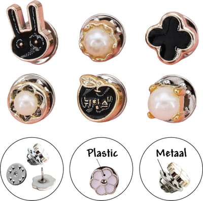 Fako Bijoux - Pin Broche Mini - Steek Pin Knopen Set - 6 Mini Broches - 8-12mm - Silver, Gold, Black & Pearl - 6 Stuks - Zilver, Goud & Zwart - Serie 5