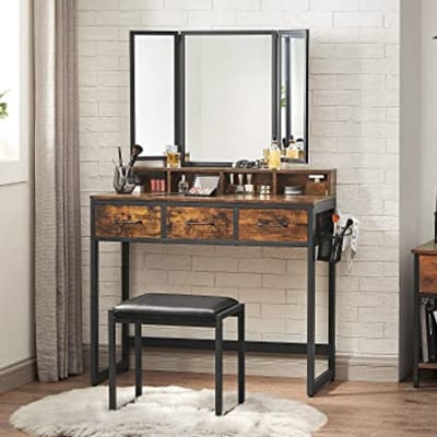 Kaptafelset Met Spiegel En Kruk | Rustiek Zwart/Bruin - Vasagle - Make-up Tafel - Bruin - Spaanplaat