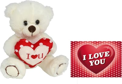 Pluche knuffelbeer met I Love hartje - wit/rood - 20 cm - inc. wenskaart