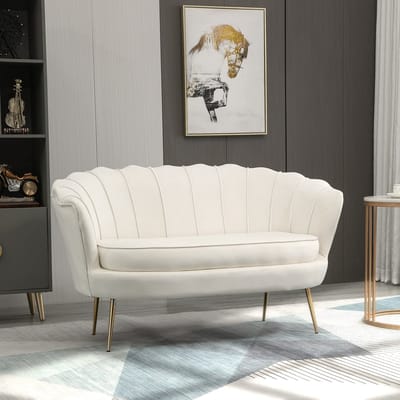 MODFU 2-Zitsbank - Fluweellook - Vintage - Voor Woonkamer Of Slaapkamer - Staal - Crèmewit - 130 x 77 x 77 cm