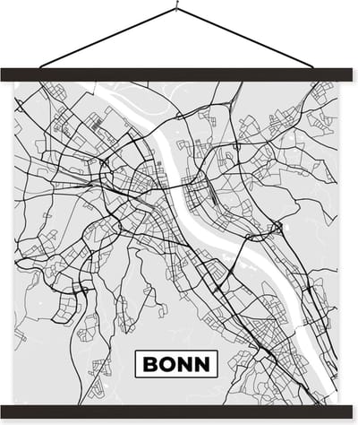 Posterhanger incl. Poster 60x60 cm - Schoolplaat - Kaart - Plattegrond - Bonn - Duitsland - Stadskaart - Textielposter - Zwarte latten - Stadskaart