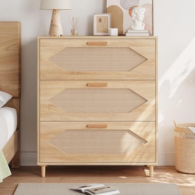 Modern Dressoir met 3 Laden - Rotan Opbergkast - Houten Ladekast Boho Stijl - Rustiek Eiken