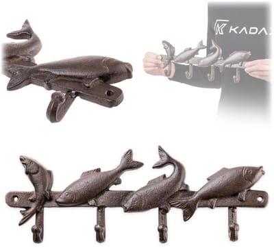 KADAX Vissen-haakrek van gietijzer 34 x 13 cm, maritieme wandkapstok met 4 haken, wandhaken, kapstokrek voor wandmontage, kledinghaken voor de hal (bruin)