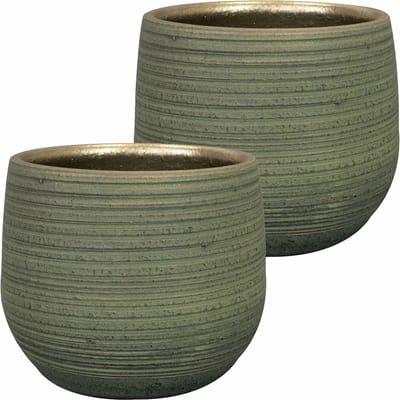 Ter Steege Steege Plantenpot - 2x - keramiek - donkergroen - stripes - D18xH16 cm